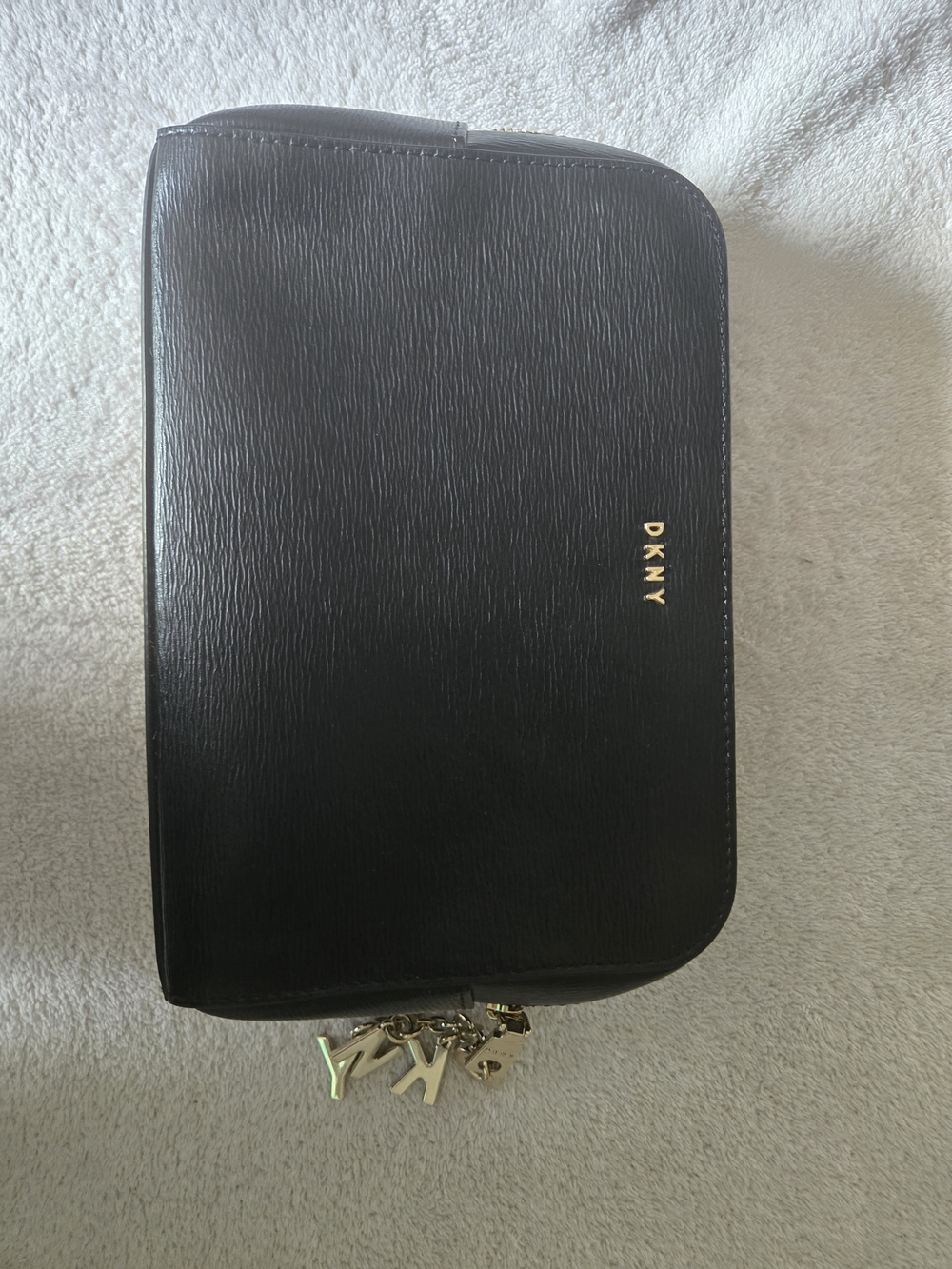 DKNY Black Leather Makeup Bag with Gold Hardware